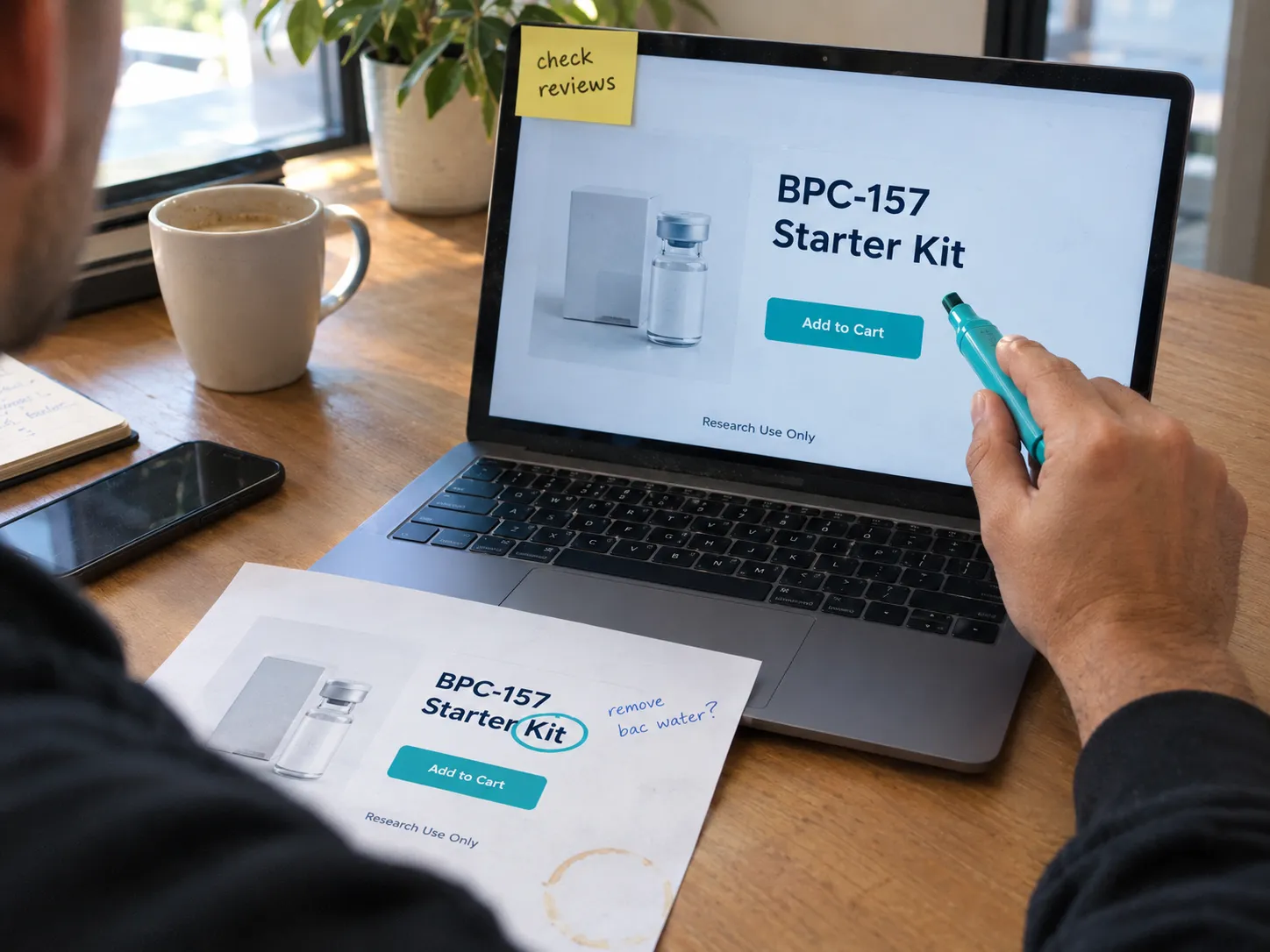 Marketer reviewing a research use only peptide product page for human-use signals