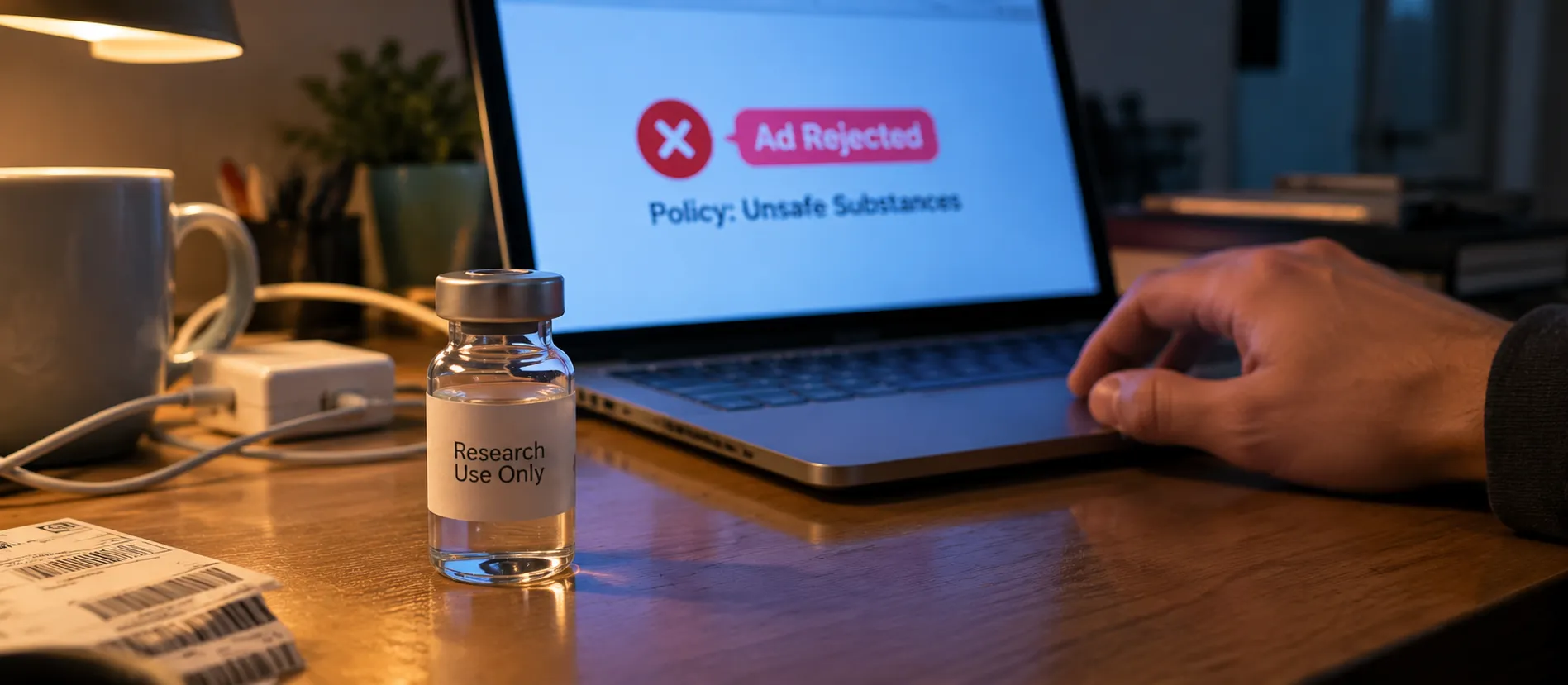 Research use only peptide vial next to a laptop showing a rejected peptide ad