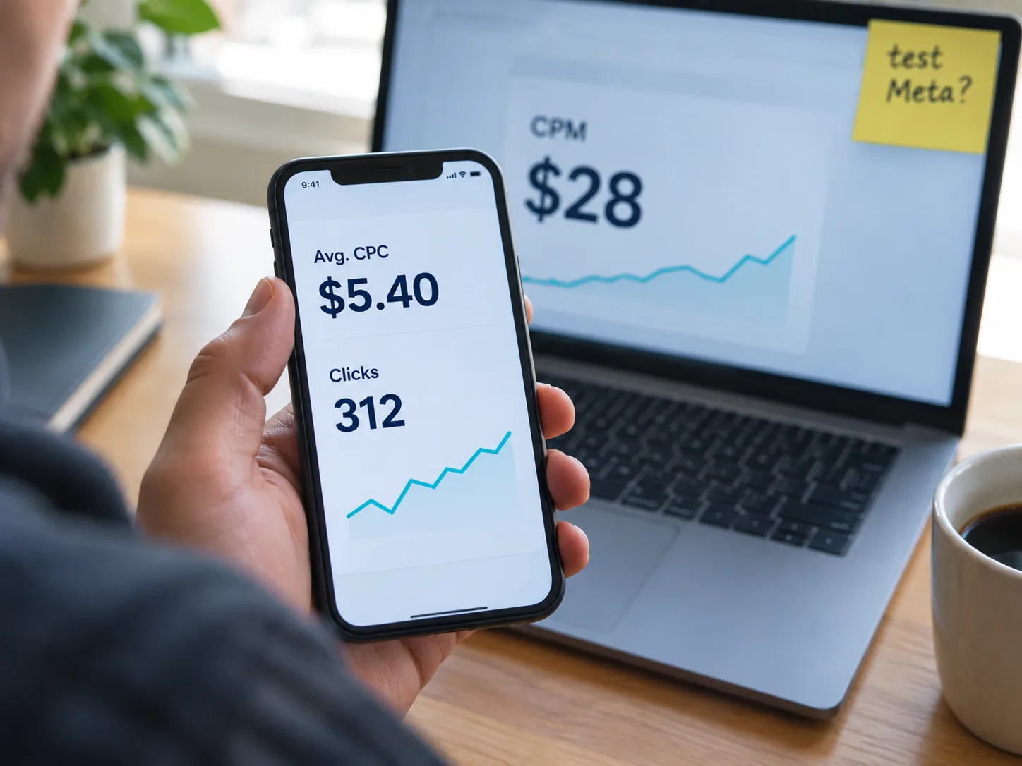 Ad dashboard showing cost per click for peptide ads on Google and Meta