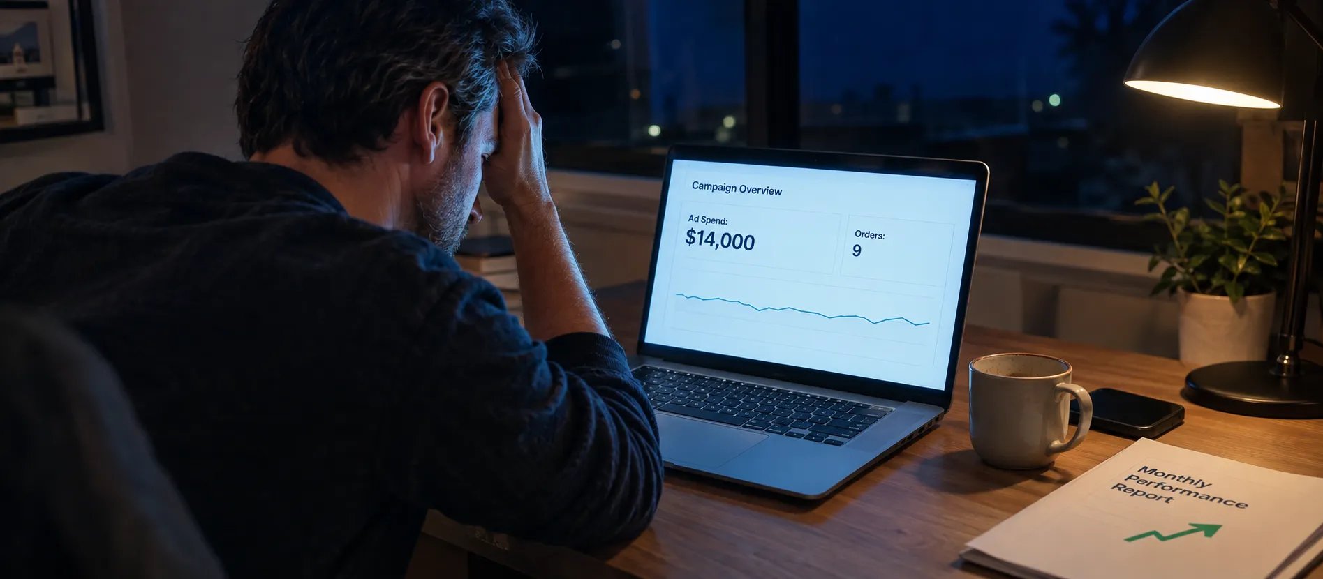 Peptide business owner reviewing disappointing Google Ads results from their agency