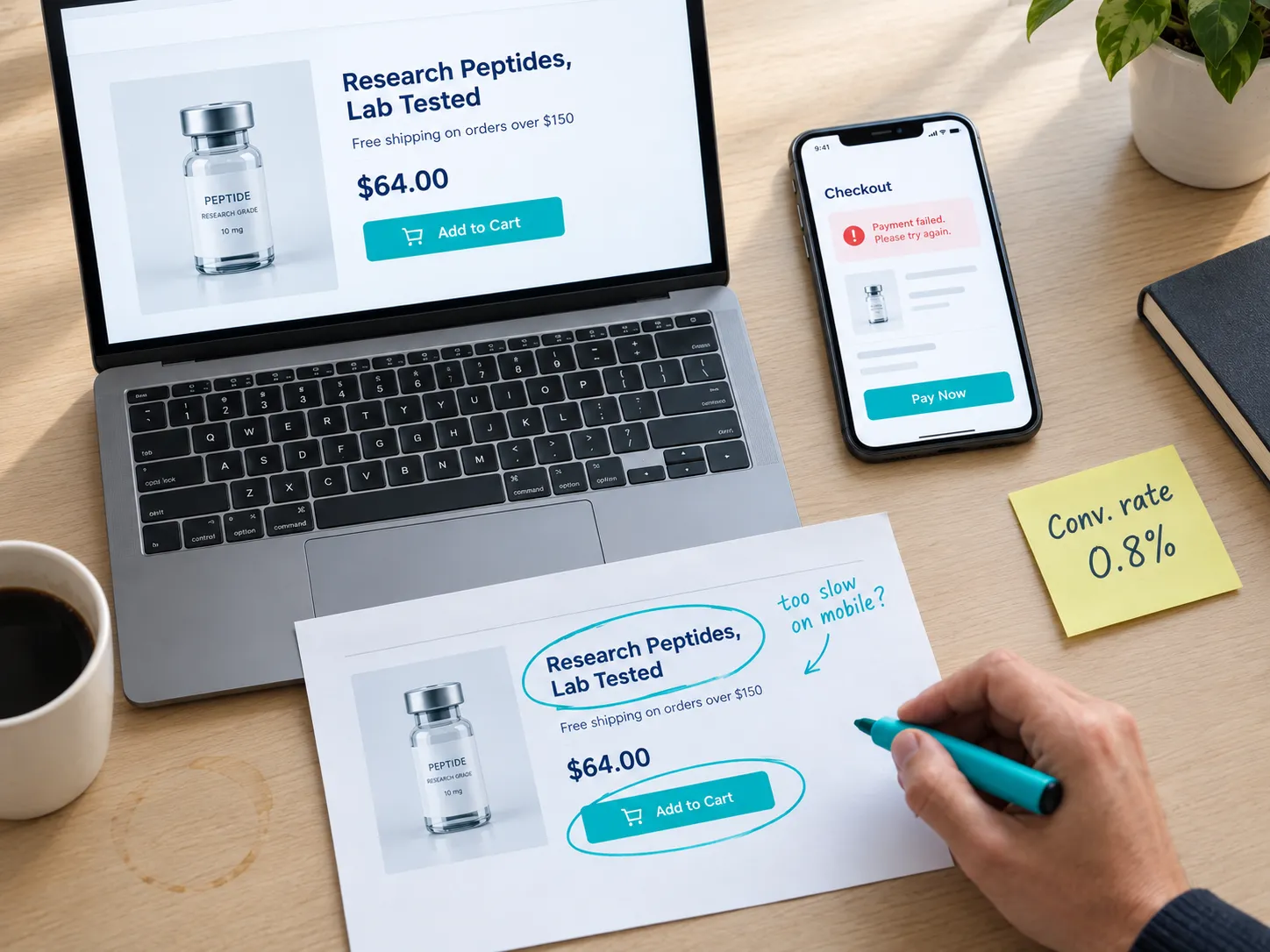 Reviewing a peptide brand landing page and checkout for conversion problems